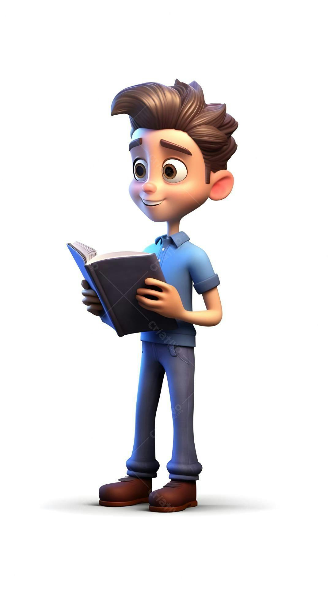 Menino lendo livro azul ilustração 3D