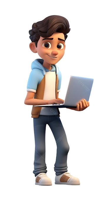 Personagem animado em 3d de menino com laptop pixar disney