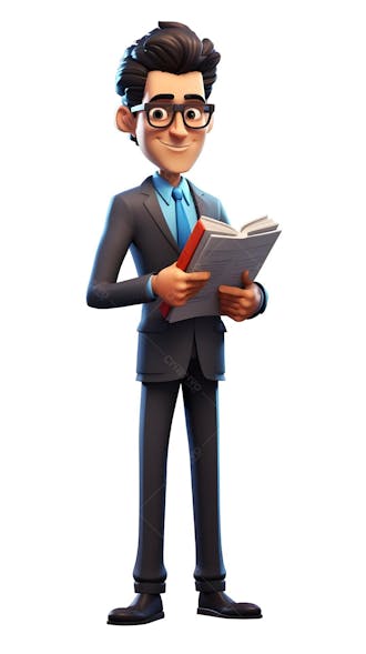 Personagem de desenho animado 3d de homem com livro pixar disney