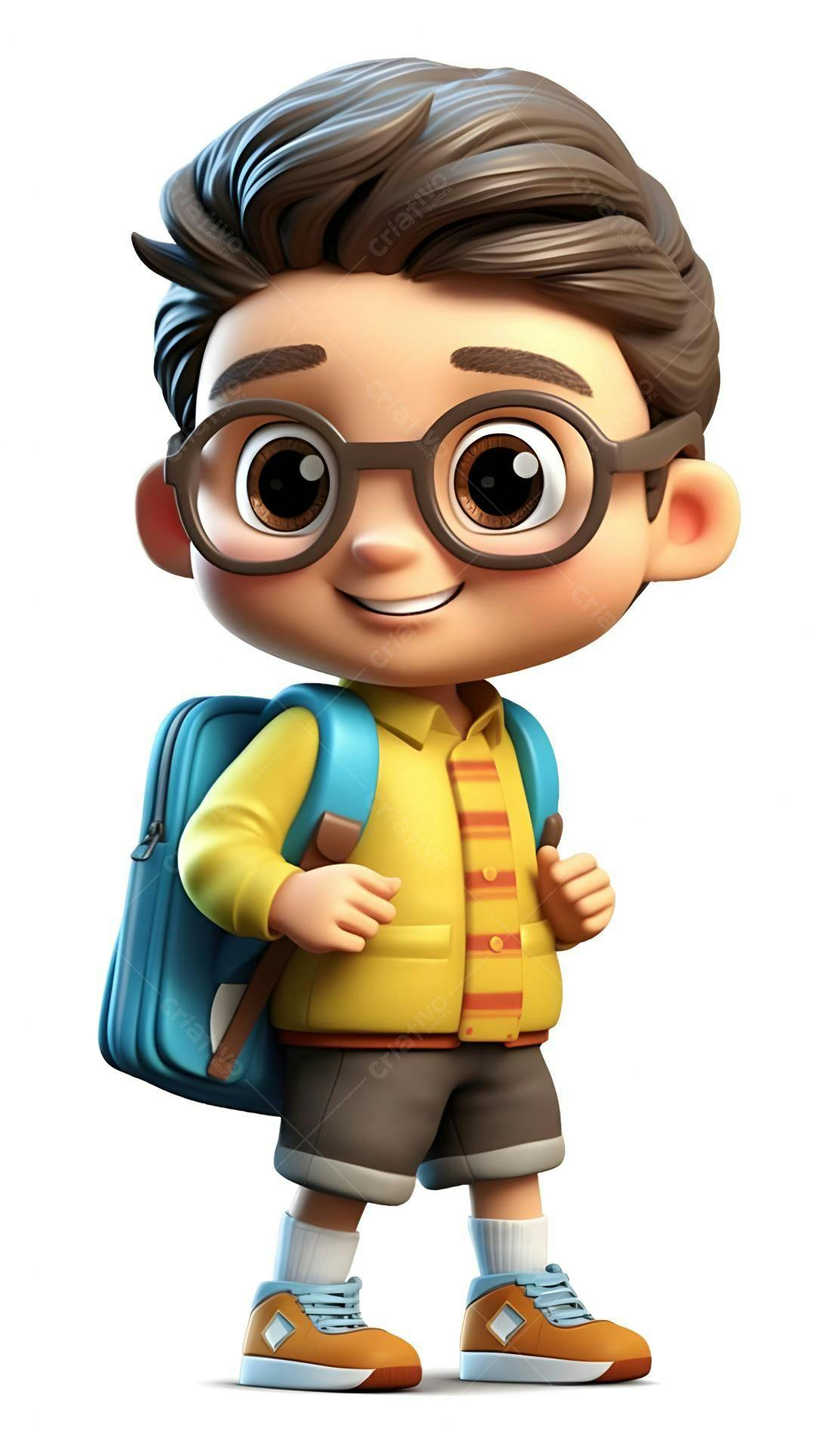 Menino com mochila amarelo indo para escola