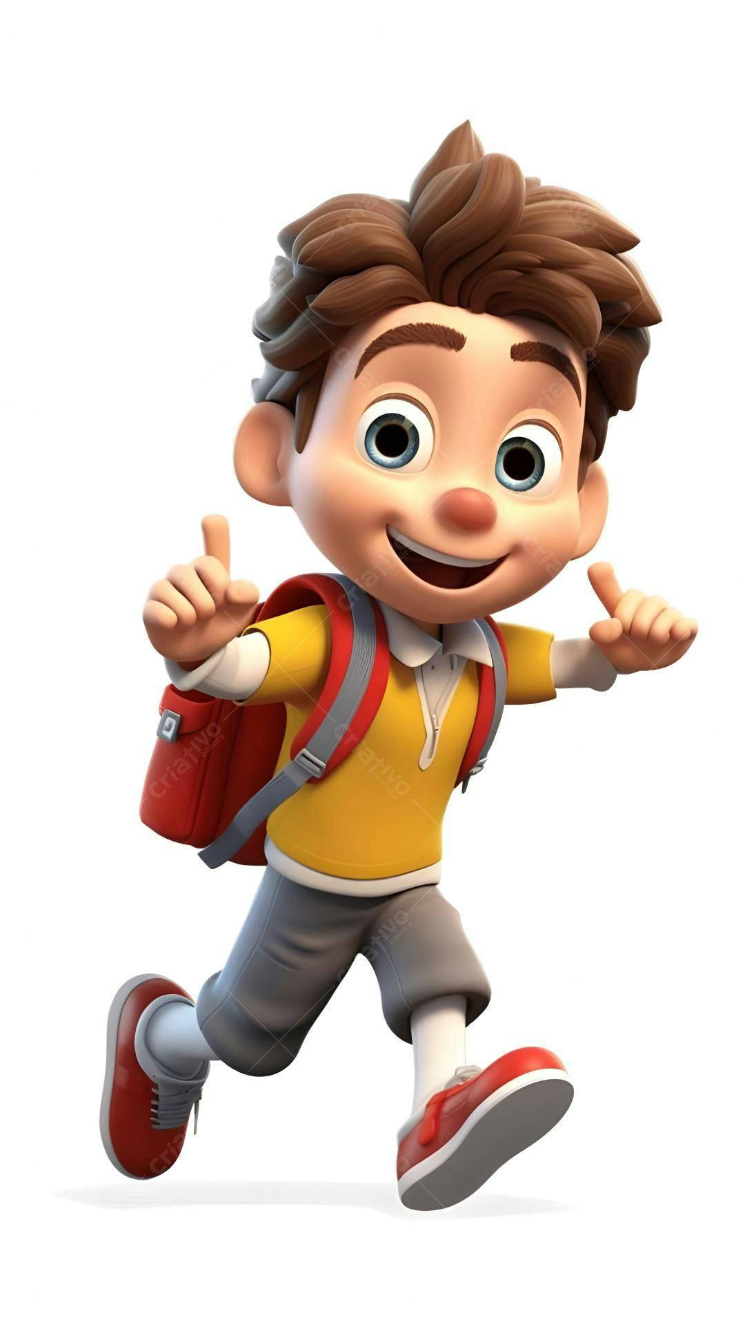 Menino animado correndo com mochila