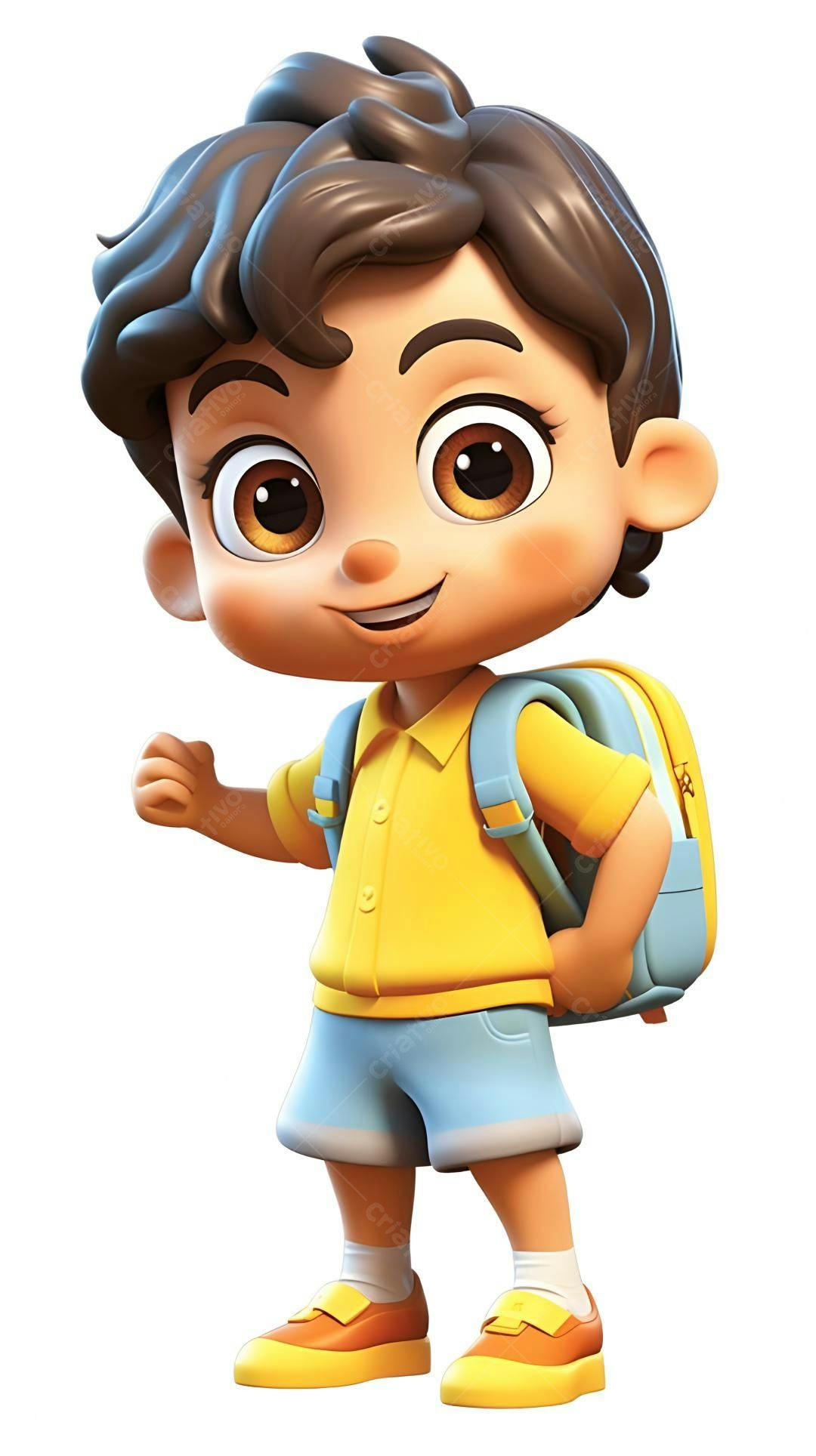 Menino feliz com mochila amarela indo para escola