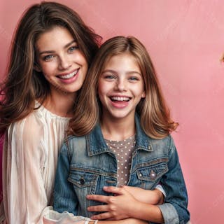 Mãe e filha olhando para a câmera vista frontal de uma jovem com criança pré adolescente isolada no fundo rosa