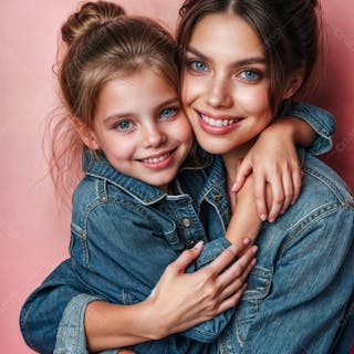 Criança abraçando a mãe foto de estúdio de família feliz em roupa jeans em fundo rosa
