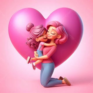 Composição 3d de mãe abraçada com filha, em fundo rosa enfeitado com grande coração
