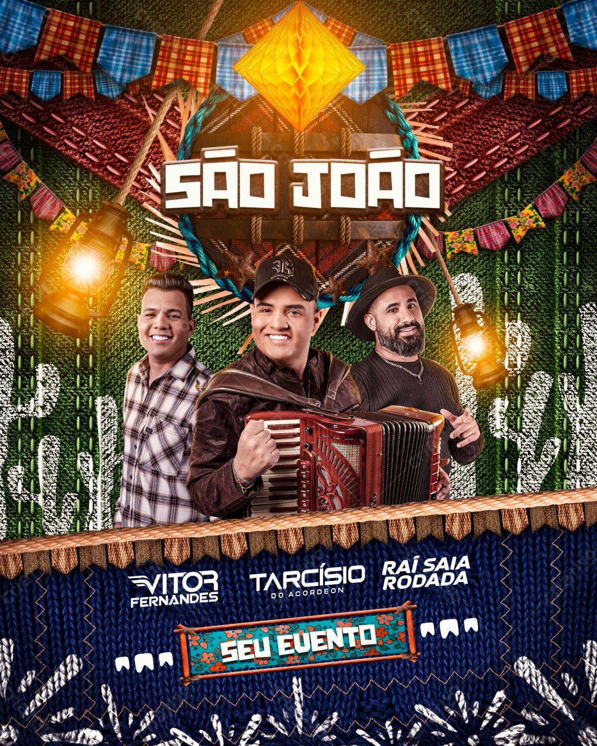 Flyer Festa Junina com Vitor Fernandes, Tarcísio e Raí Saia Rodada PSD Editável