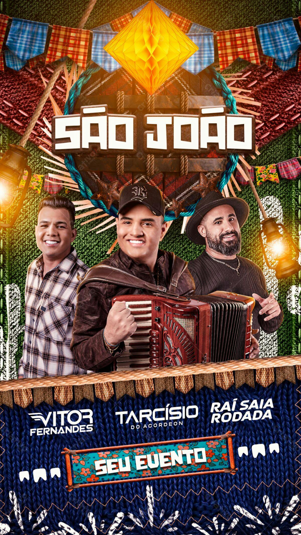 Flyer Festa Junina com Vitor Fernandes, Tarcísio do Acordeon e Rai Saia Rodada PSD Editável