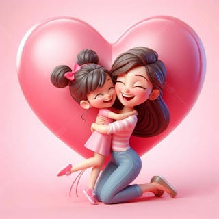 Composição 3d de mãe abraçada com filha, em fundo rosa enfeitado com grande coração v.1