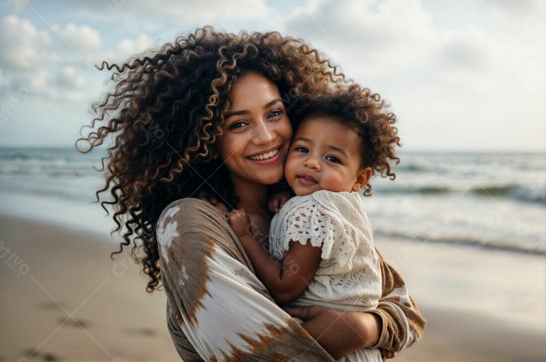 Mãe e filha na praia sorrindo