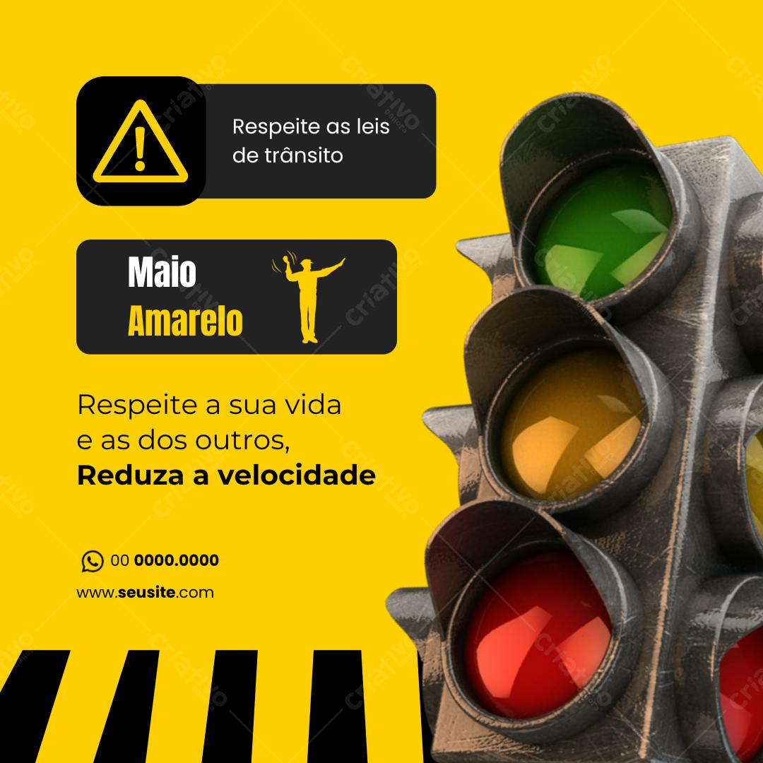 Post Instagram Maio Amarelo com semáforo Editável no Canva