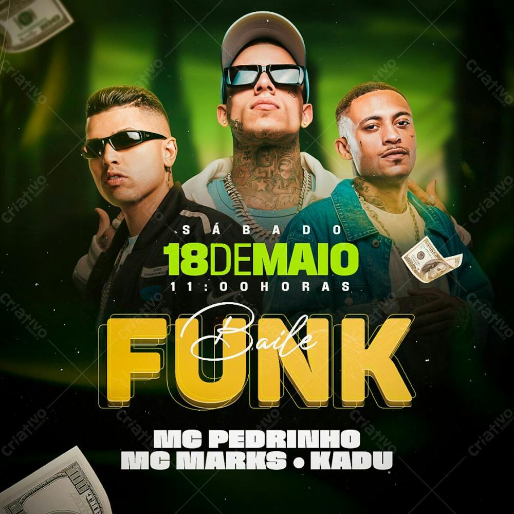 Flyer Evento Baile Funk Mc Pedrinho Mc Kadu Mc Marks Feed Psd Editável