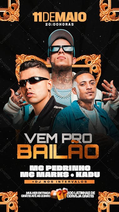 Flyer evento vem pro bailão mc pedrinho mc kadu mc marks stories psd editável