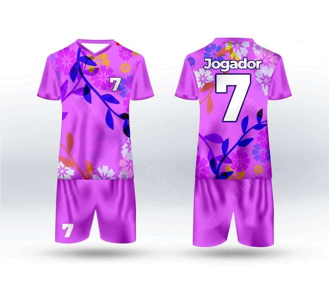 Mockup Uniforme Futebol Floral Lilás