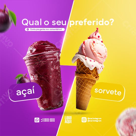 Post para Redes Sociais Açaí x Sorvete PSD Editável
