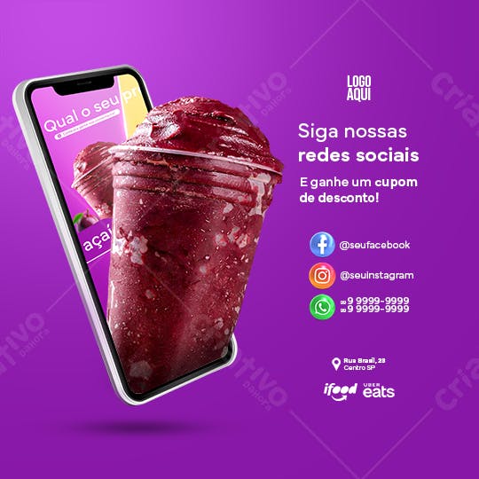 Post para Redes Sociais de Açaí PSD Editável