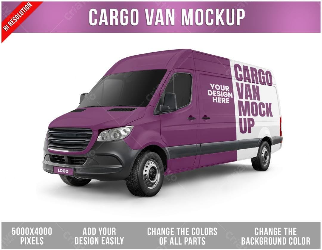 Mockup Realista de Van de Carga Roxa e Branca