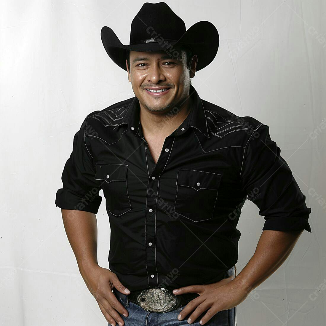 Cantor mexicano com chapéu e camisa preta
