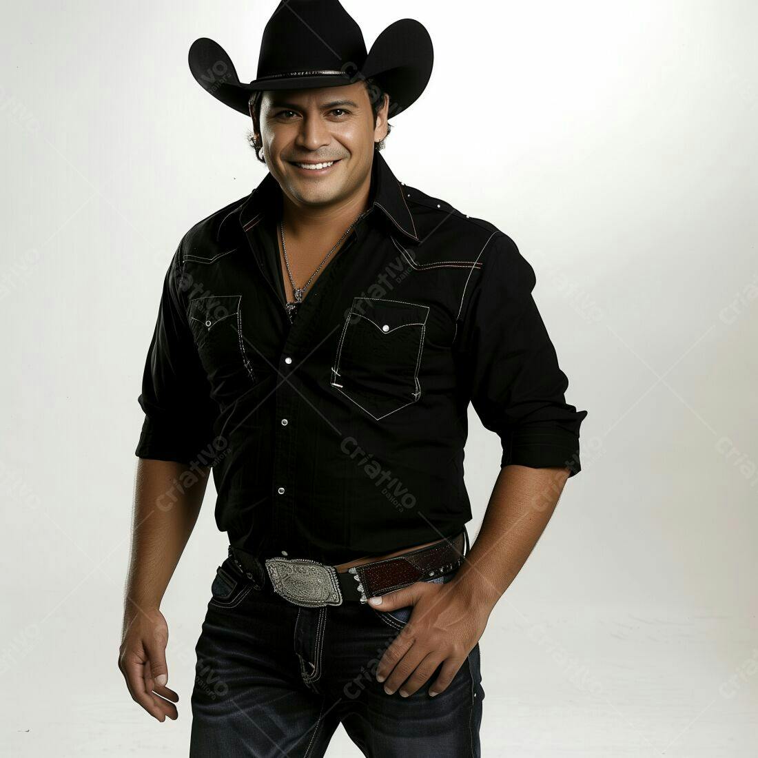 Cantora country latino com chapéu e sorriso