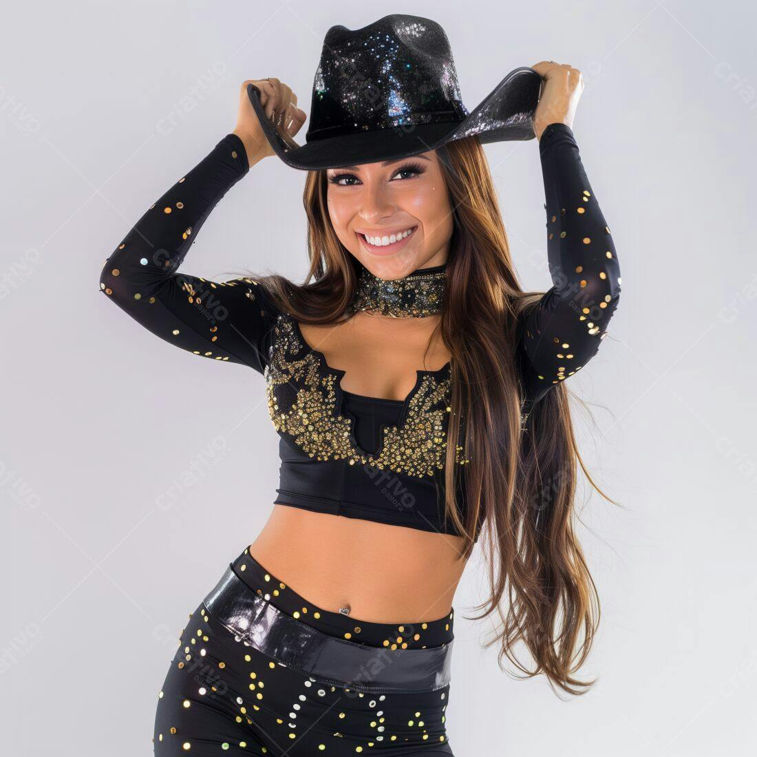 Modelo sorridente com chapéu de cowboy preto e roupa brilhante