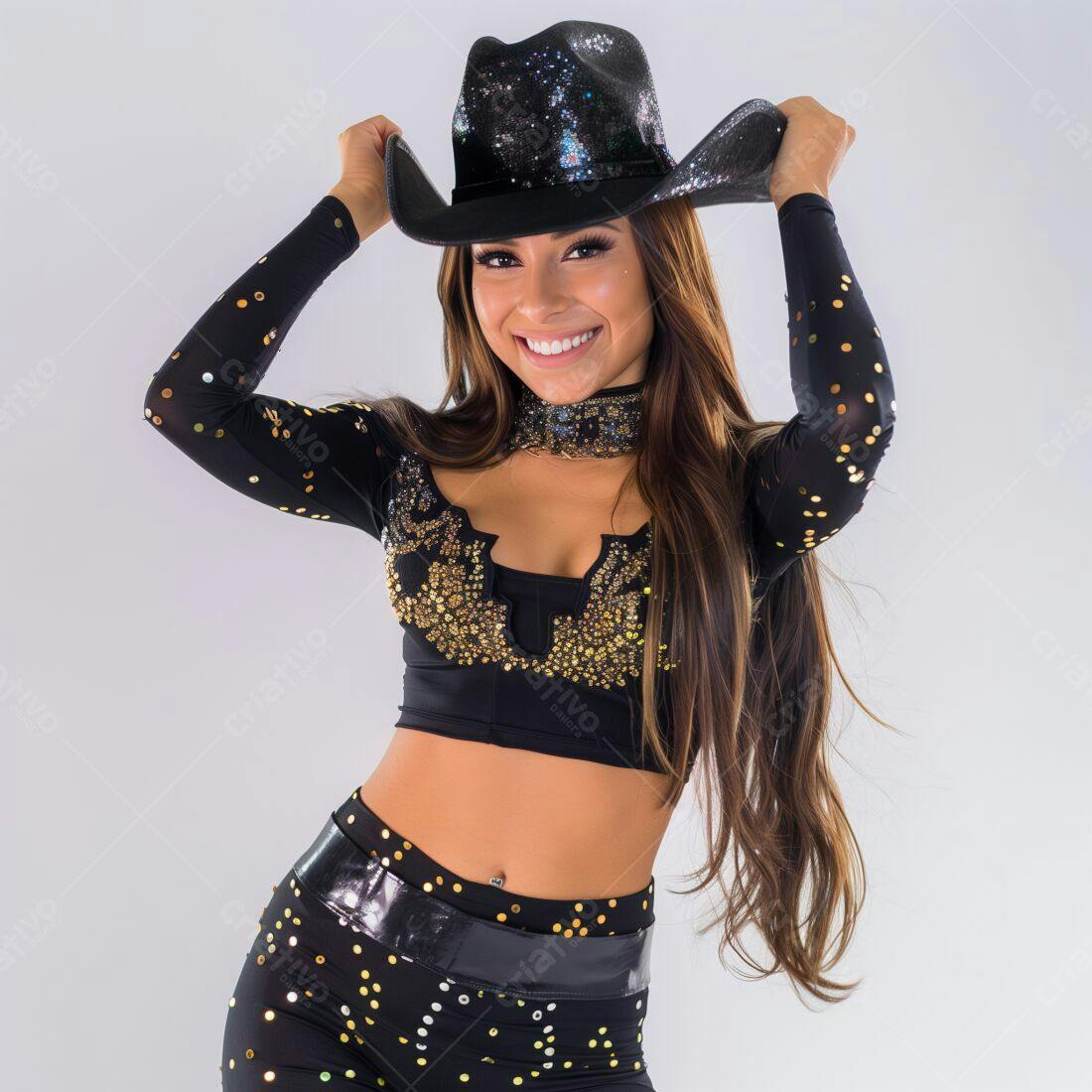 Modelo com chapéu de cowboy sorrindo