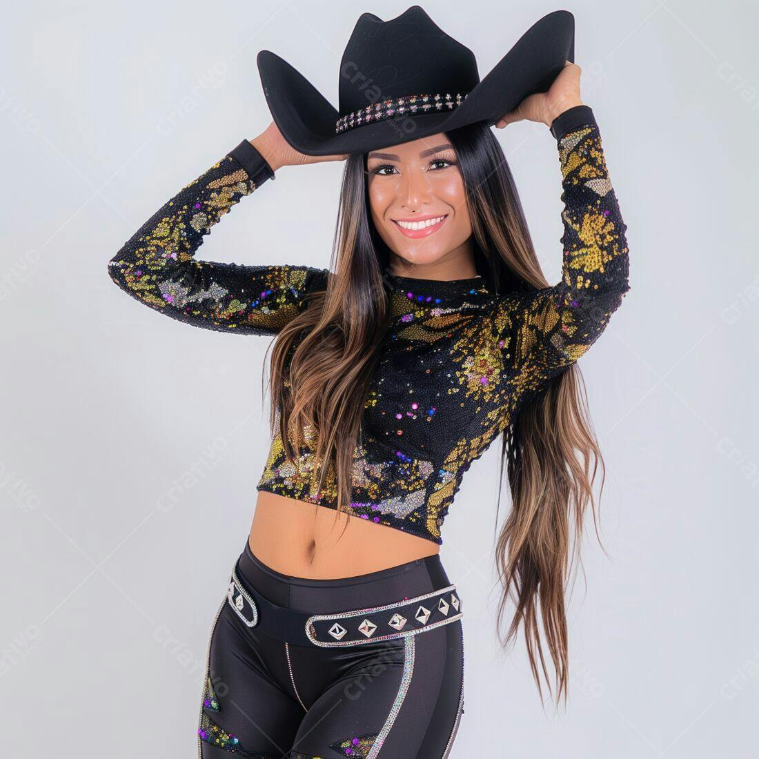 Modelo com chapéu de cowboy sorrindo