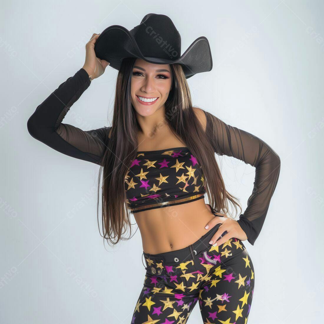 Modelo sorridente com roupa estampada de estrelas