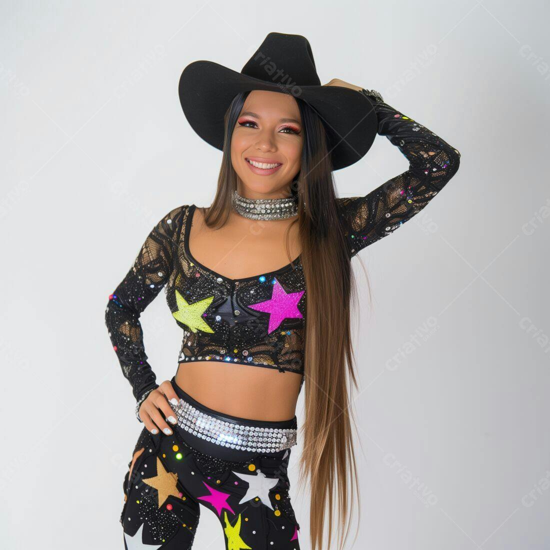 Modelo sorridente com roupa country moderna