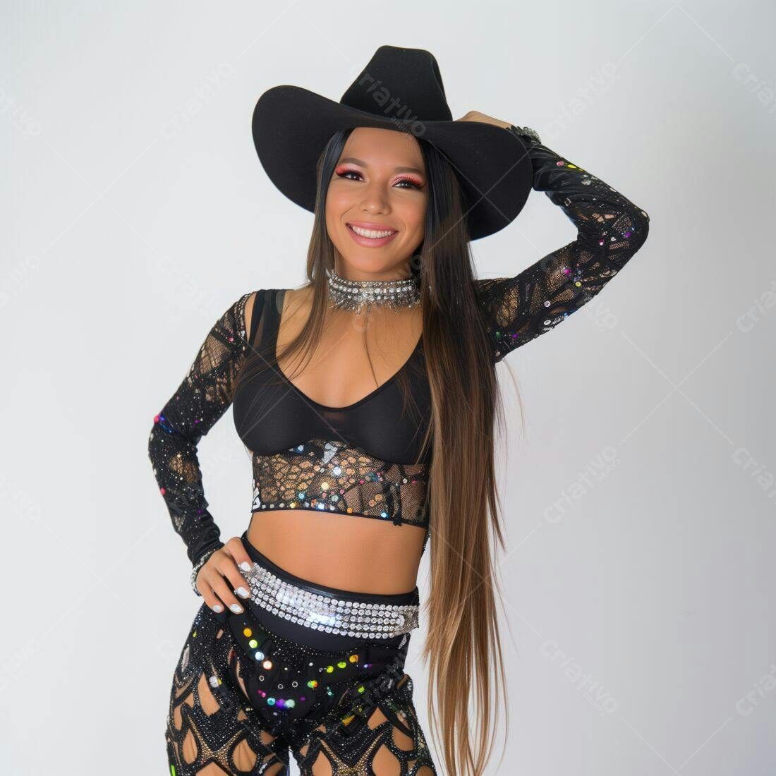 Modelo Latina sorridente com chapéu de cowboy