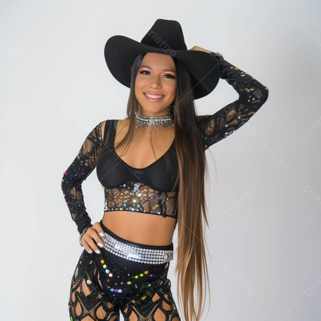 Modelo sorridente com chapéu de cowboy e roupa preta