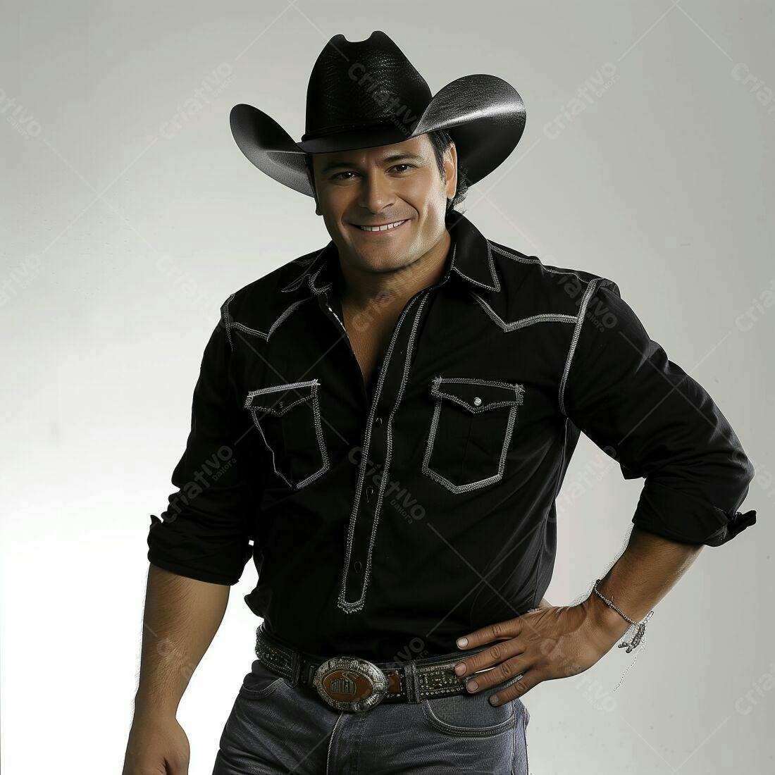 Cantora country latino sorrindo usando chapéu de cowboy