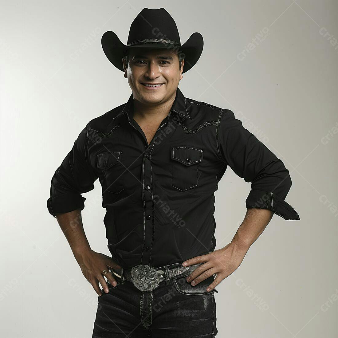 Cantora mexicano com chapéu de cowboy preto