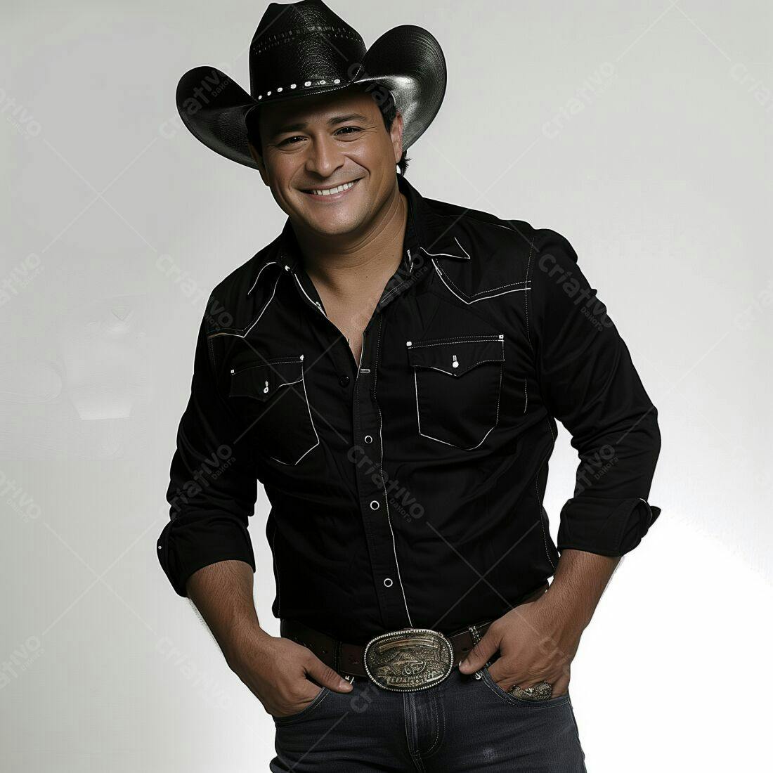Cantor country sorridente usando chapéu e camisa preta