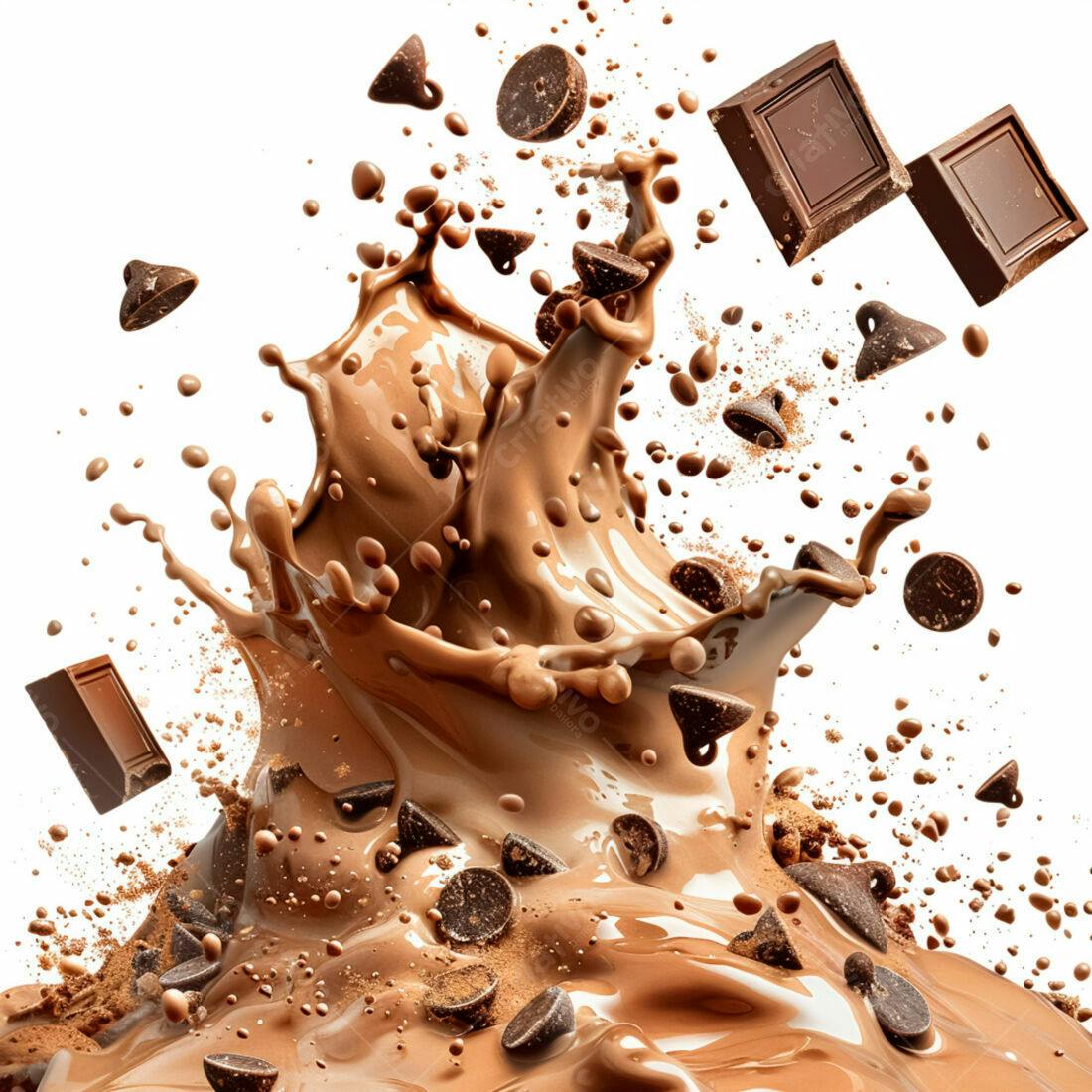 Chocolate derretido com gotas e lascas