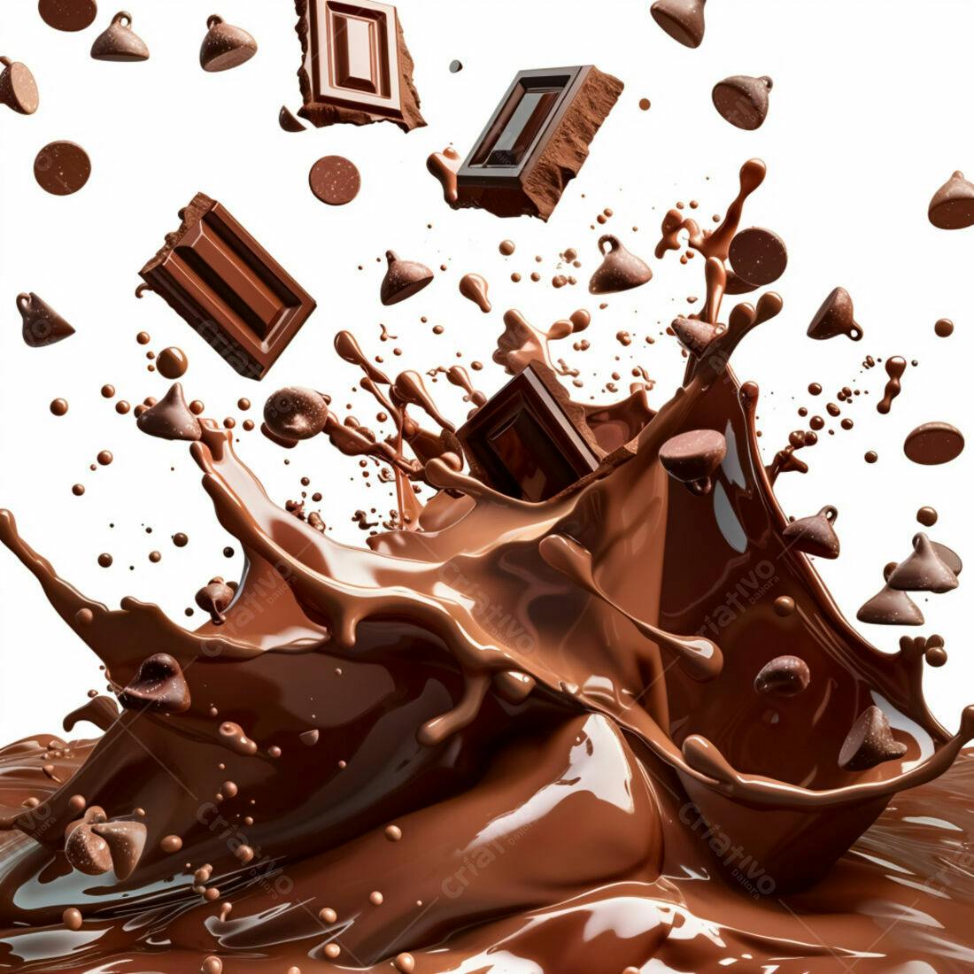 Explosão de chocolate derretido com gotas e barras