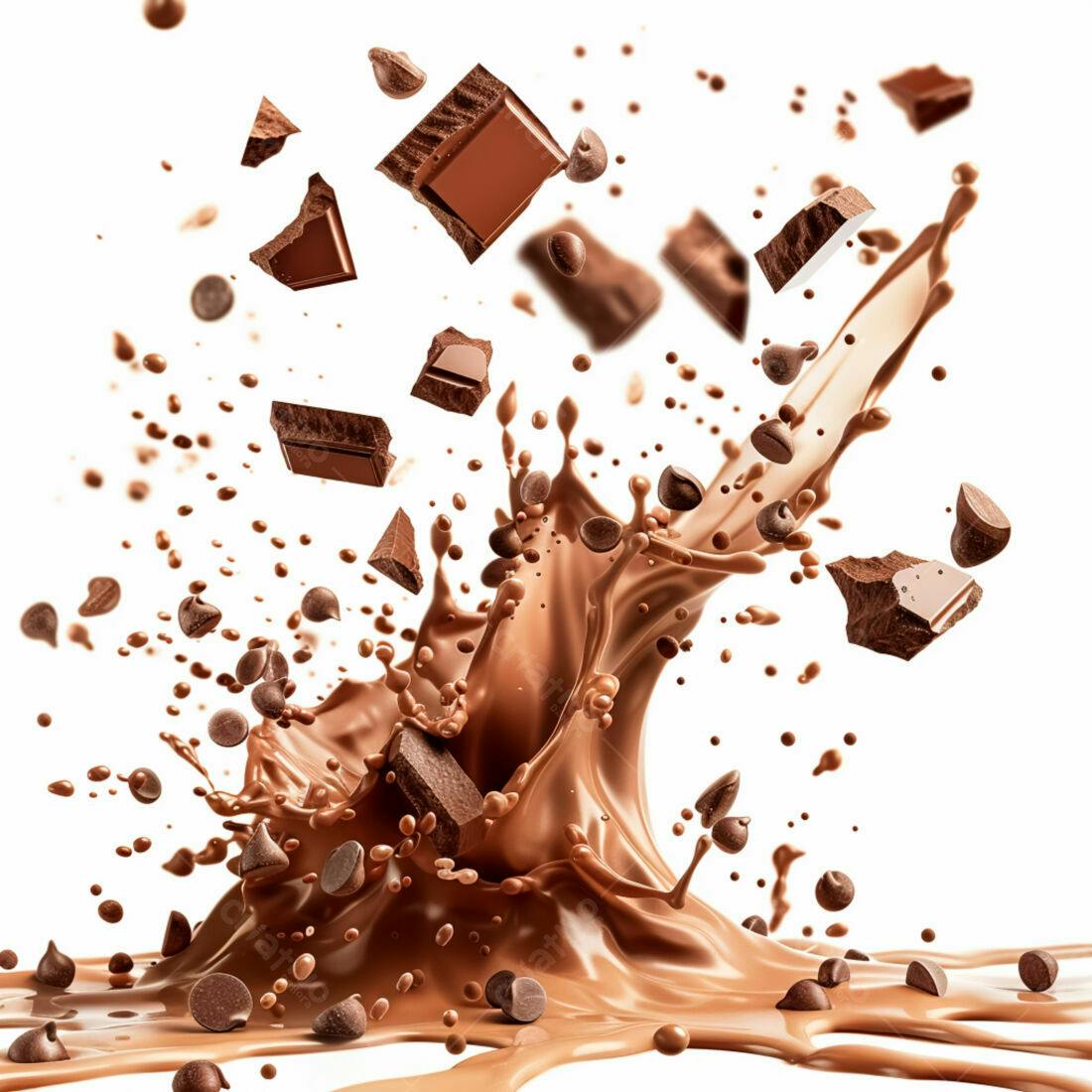 Explosão de chocolate cremoso com gotas e pedaços