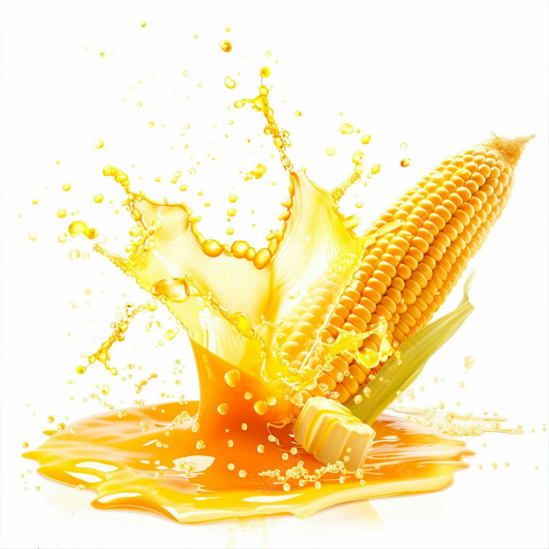 Espiga de milho com manteiga e suco em splash