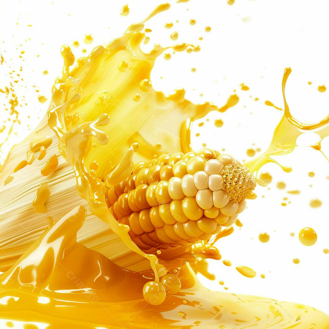 Espiga de milho em explosão de suco amarelo