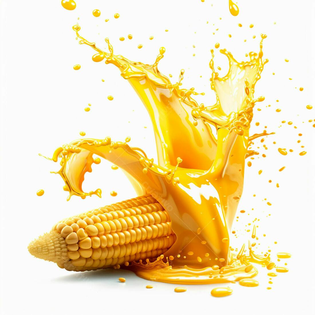 Espiga de milho em explosão de suco amarelo