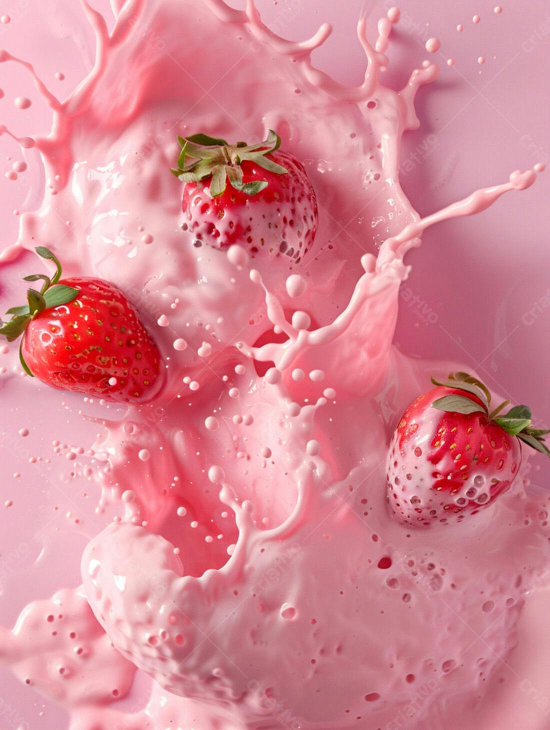 Morangos em Splash de Leite Rosa
