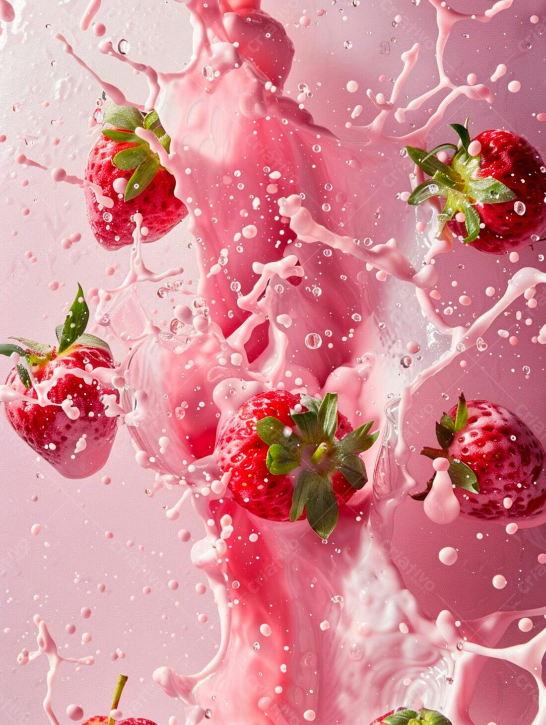 Morangos em Splash de Leite Rosa