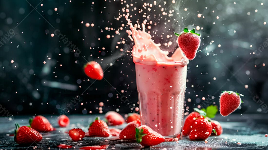 Batido de morango cremoso em copo de vidro