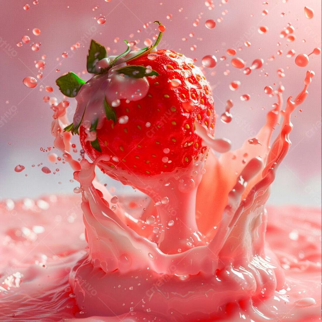 Morango em Splash de Creme Rosa