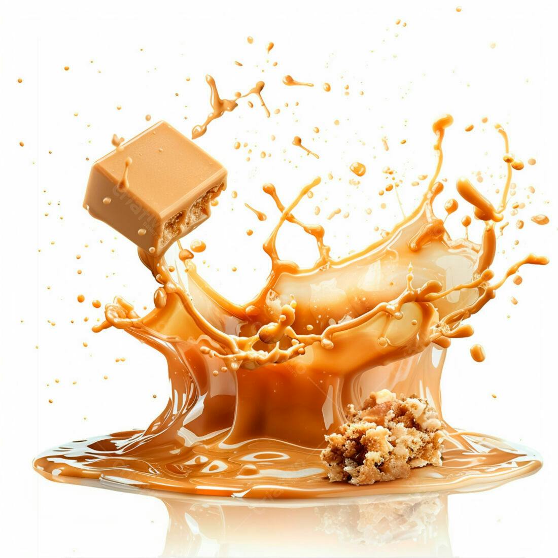 Barra de caramelo caindo em calda cremosa