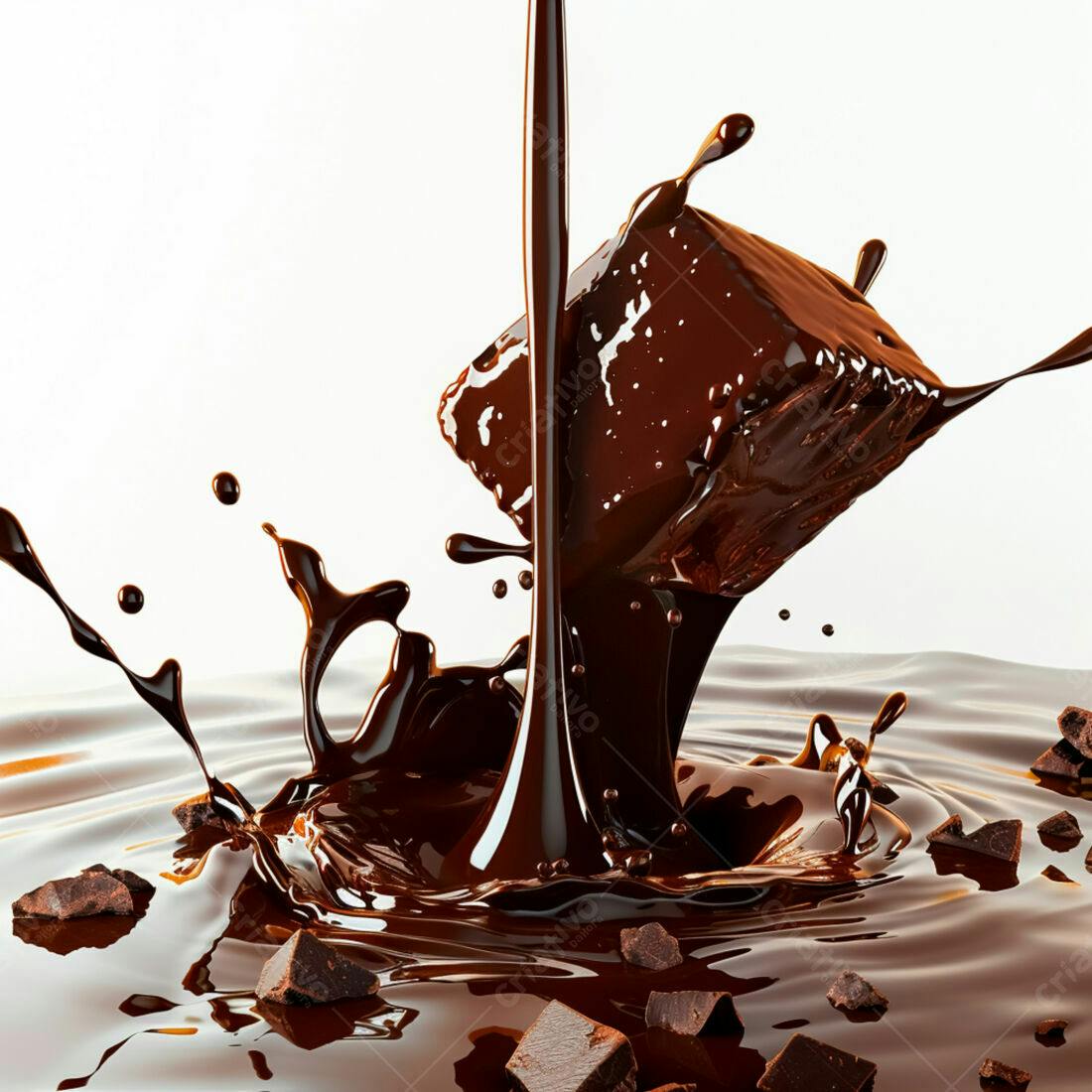 Chocolate derretendo em cubos e respingos