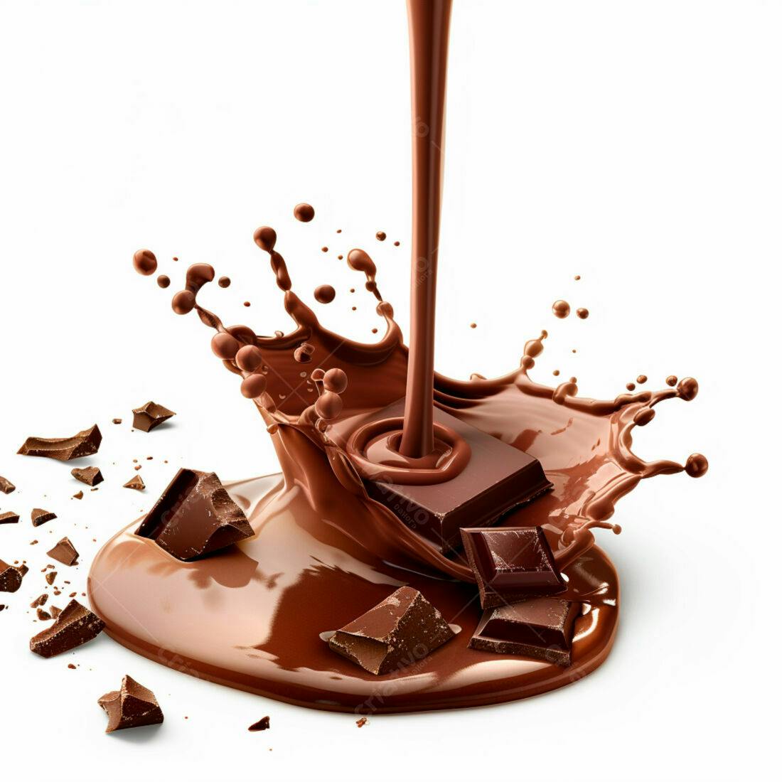 Chocolate derretendo com pedaços e respingos