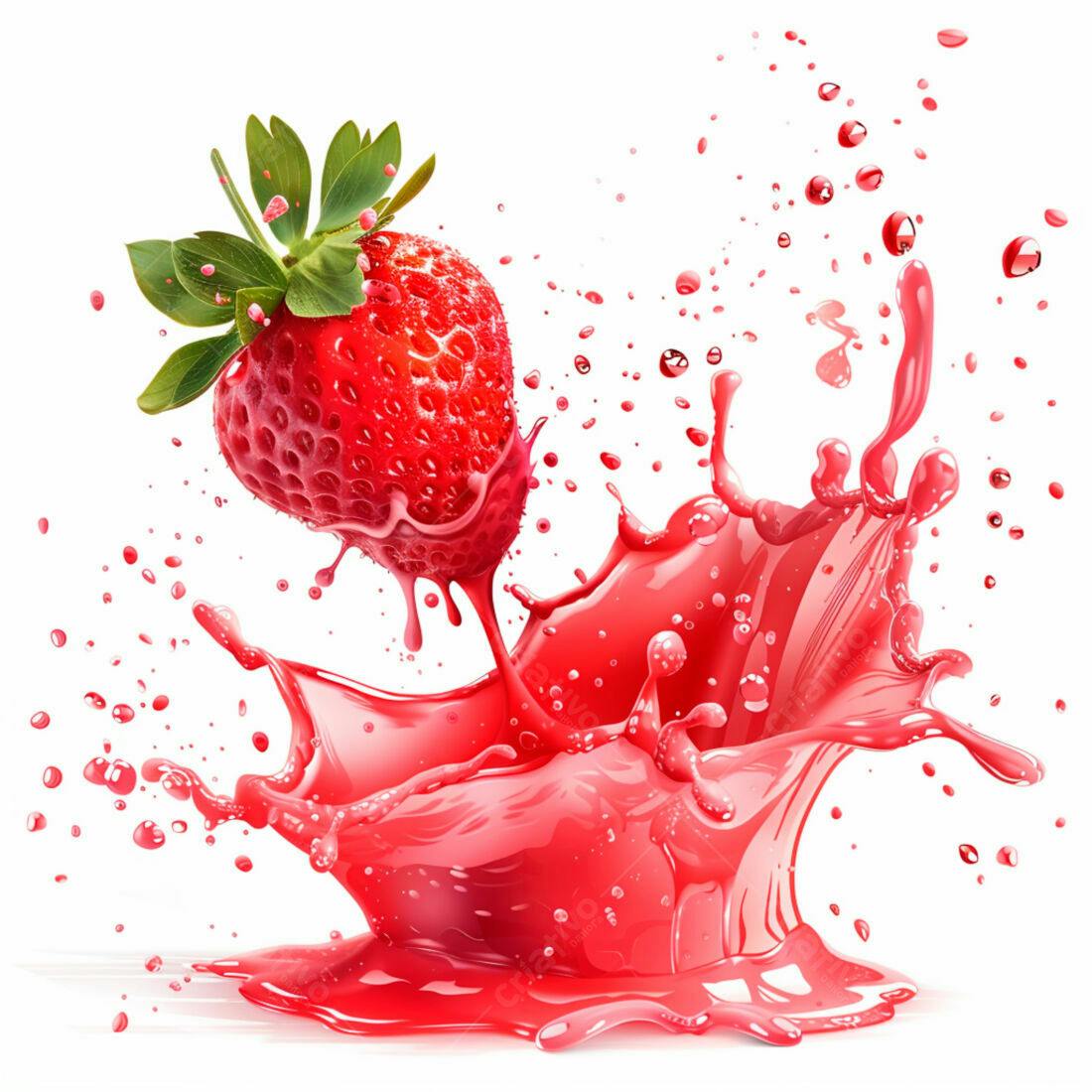 Morango caindo em suco vermelho suculento