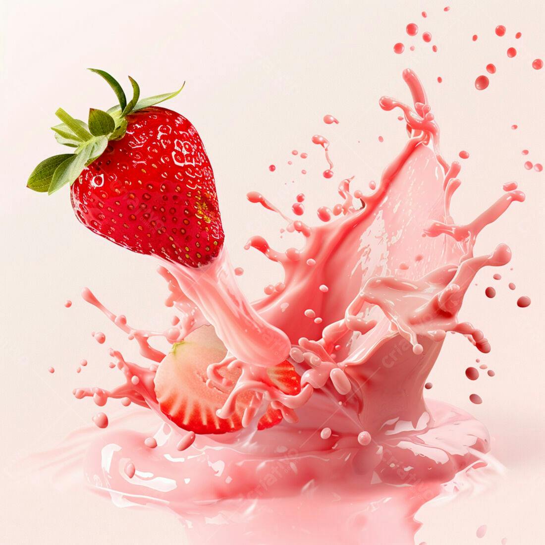 Morango caindo em milkshake de morango