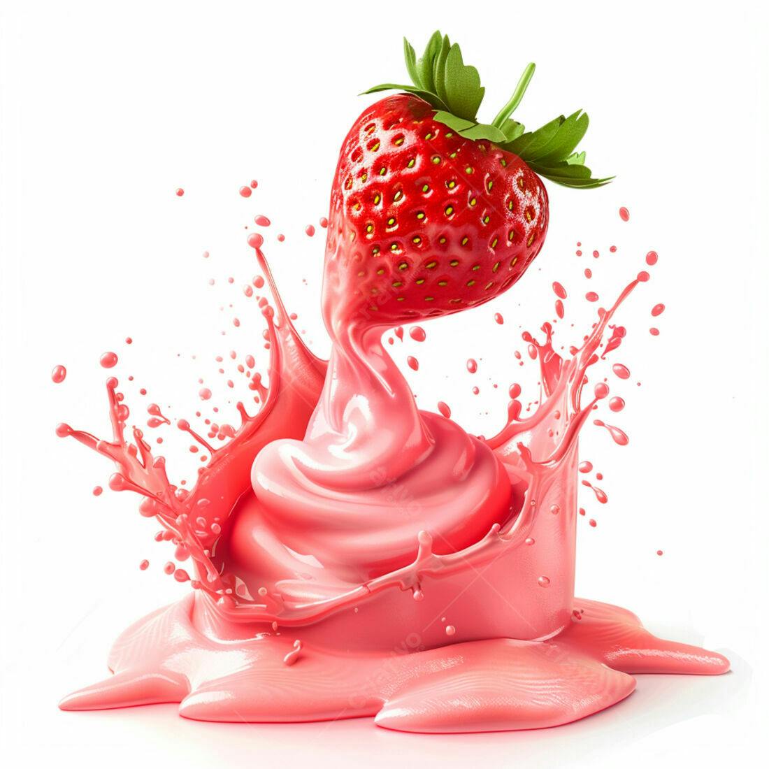 Morango caindo em iogurte rosa