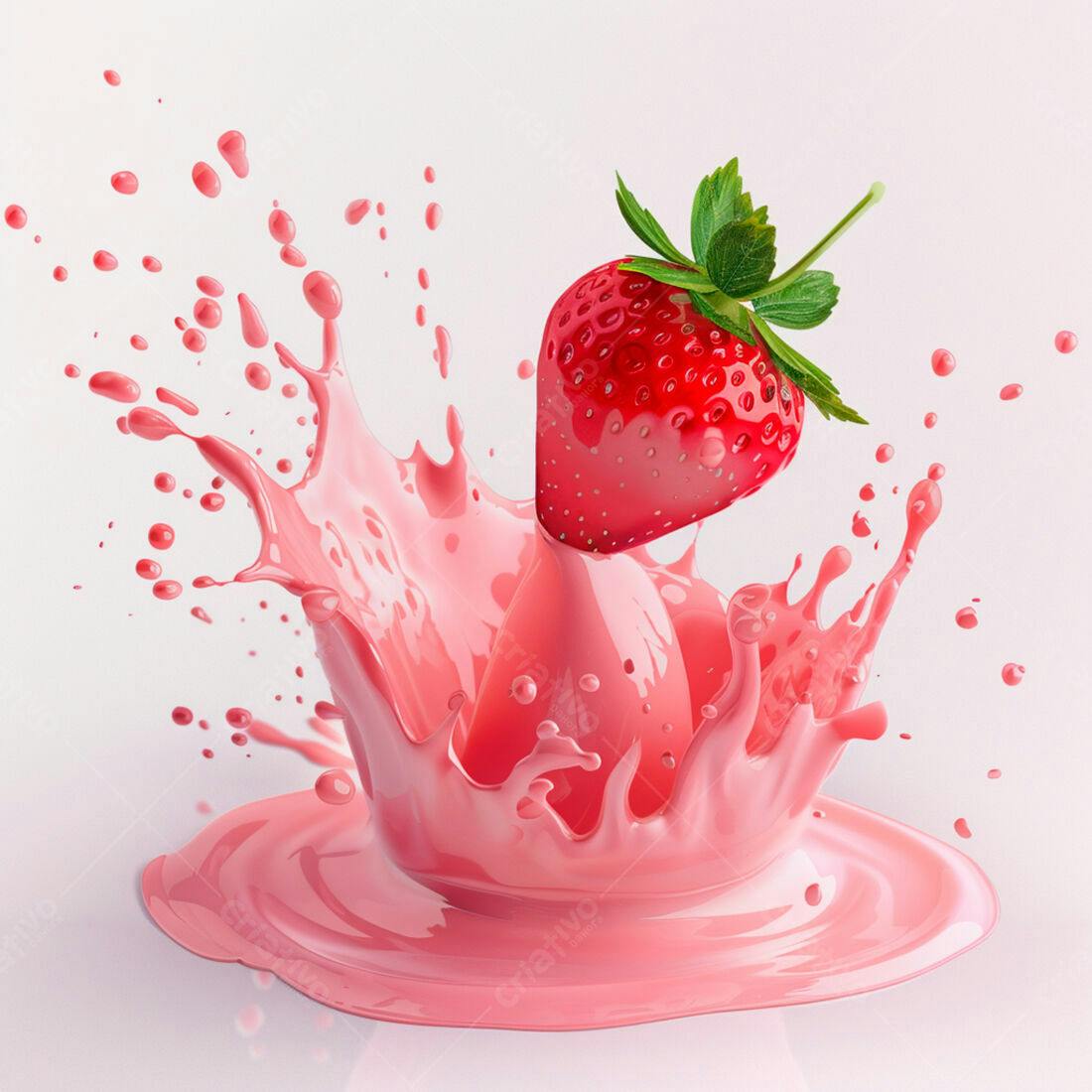 Morango caindo em suco rosa batido