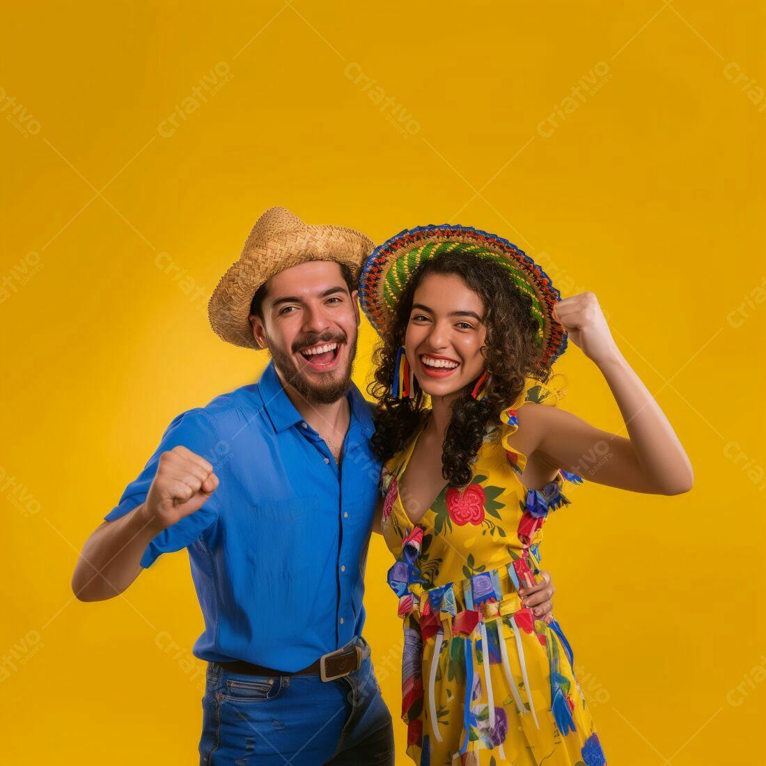 Casal alegre em trajes juninos
